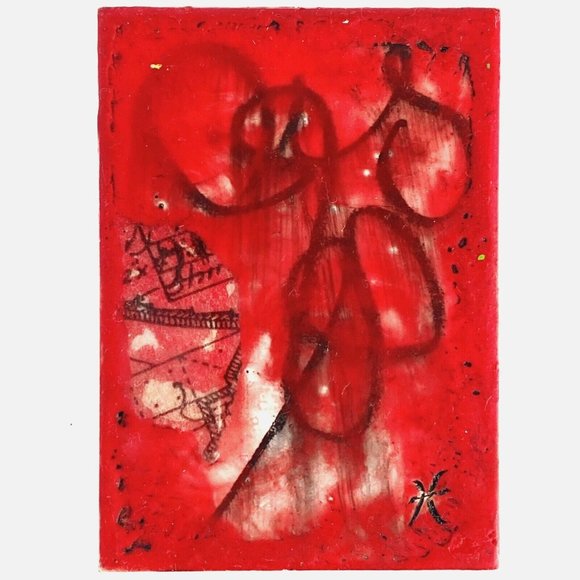 ATC ACEO Original 'Whisper's Path' Red Encaustic Wax Paint Tristina Elmes - Picture 1 of 6